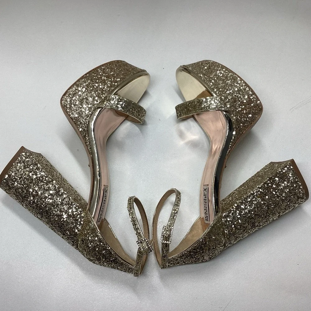 Badgley Mischka Party Platform Block Heel in‎ Gold Silver Glitter - Picture 8 of 16
